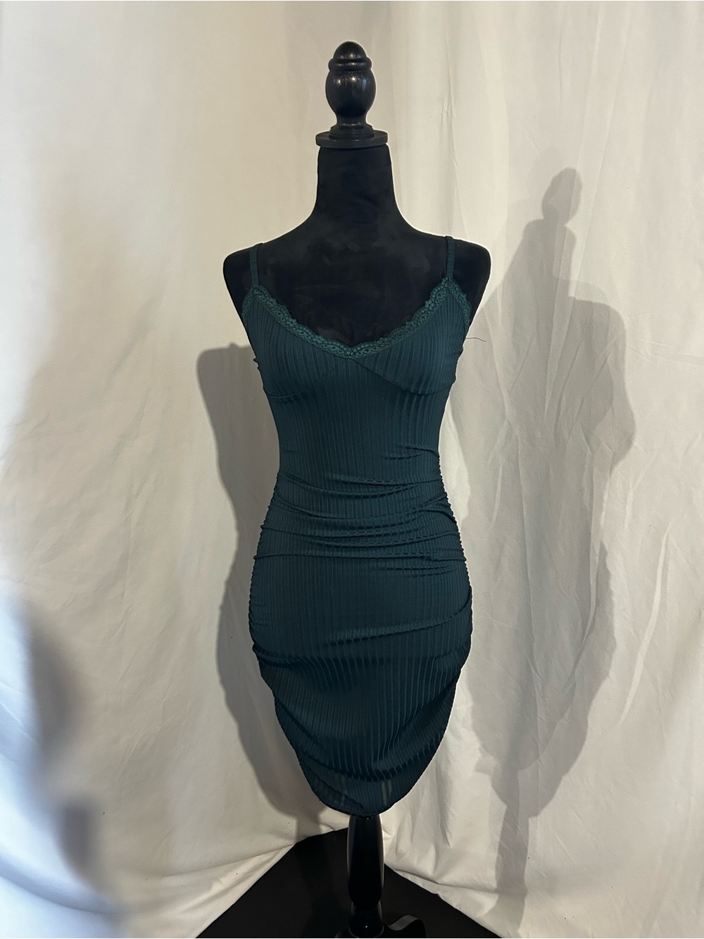 Ribbed Hunter Green Scrunch Lingerie Lace Dress Xs spaghetti strap